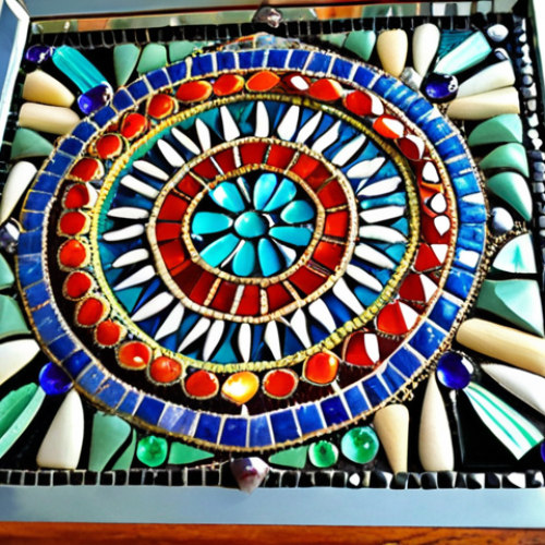 Home 4 **Mosaic Mirror Art:** "A vibrant mosaic mirror, close-up, featuring colorful glass fragments, crystal beads, and possibly seashells, arranged artistically around the frame. Focus on detail and texture, reflecting a bohemian or eclectic style."