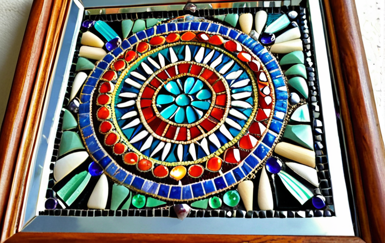 **Mosaic Mirror Art:** "A vibrant mosaic mirror, close-up, featuring colorful glass fragments, crystal beads, and possibly seashells, arranged artistically around the frame.  Focus on detail and texture, reflecting a bohemian or eclectic style."