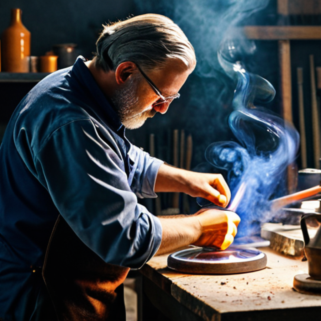유리공예 전문가 인터뷰 모음 - **
"A glassblowing artisan, fully clothed in professional attire, carefully shaping molten glass in...