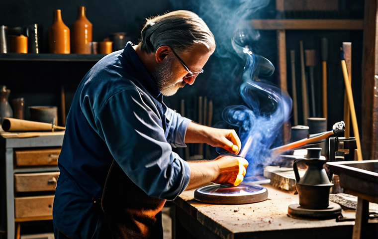 유리공예 전문가 인터뷰 모음 - **

"A glassblowing artisan, fully clothed in professional attire, carefully shaping molten glass in...