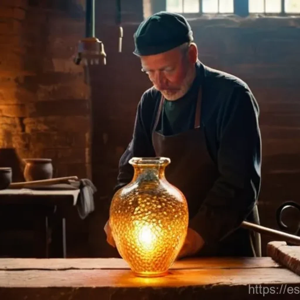 유리공예와 판유리 가공 기술 - **"A masterful glassblower, wearing practical work attire including a sturdy apron and long sleeves,...