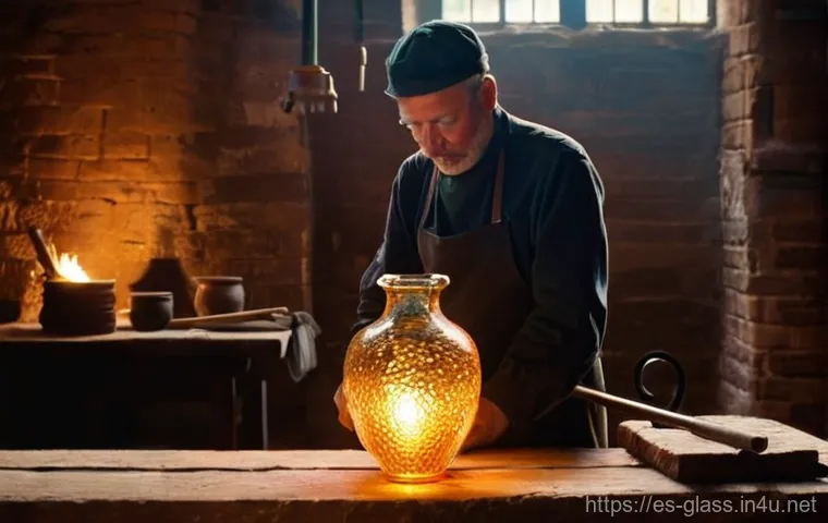 유리공예와 판유리 가공 기술 - **"A masterful glassblower, wearing practical work attire including a sturdy apron and long sleeves,...