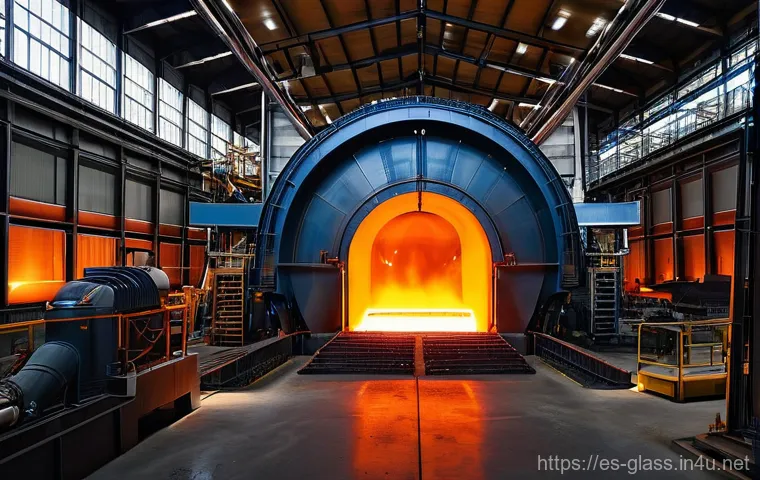유리공예 유리 가공 기계 종류 - **Industrial Glass Furnace Scene:**
    "A wide-angle, awe-inspiring shot inside a modern glass manu...