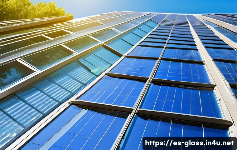유리공예와 건축 유리 디자인 - A modern urban building facade featuring ventilated glass panels combined with sleek aluminum frames...
