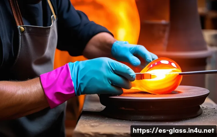유리공예와 패션 액세서리 제작 - A close-up shot of an artisan&rsquo;s hands skillfully shaping vibrant blown glass jewelry, showcasing org...