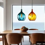 Home 23 유리공예 맞춤형 조명 디자인 - A handcrafted blown glass pendant lamp hanging in a modern Spanish living room, featuring organic, s...