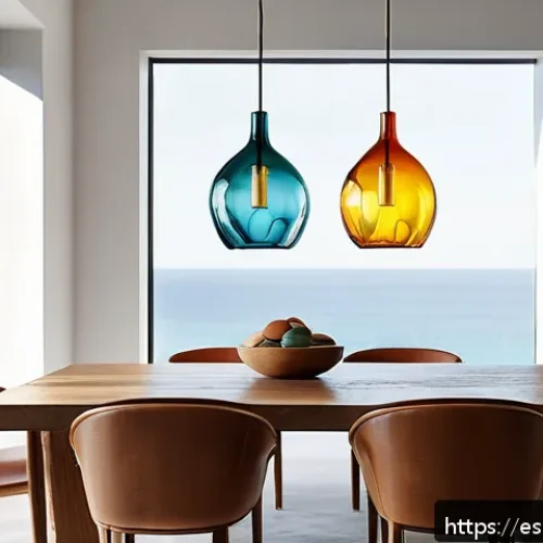Home 17 유리공예 맞춤형 조명 디자인 - A handcrafted blown glass pendant lamp hanging in a modern Spanish living room, featuring organic, s...