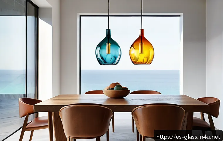 유리공예 맞춤형 조명 디자인 - A handcrafted blown glass pendant lamp hanging in a modern Spanish living room, featuring organic, s...