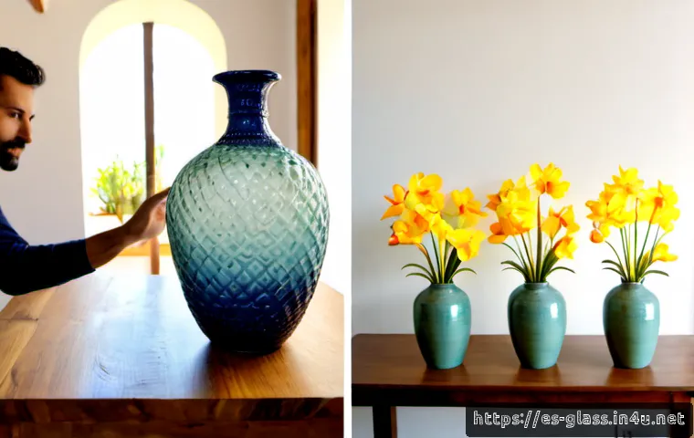 Home 17 유리공예 작품 판매 플랫폼 비교 - Photorealistic split-screen comparison of two online selling approaches for handmade glass art: on t...