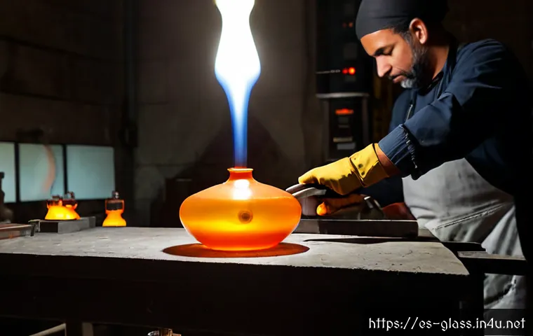 유리공예 유리 성형 온도 차트 - Photorealistic glassblowing workshop scene, skilled artisan wearing heat-resistant gloves shaping a ...