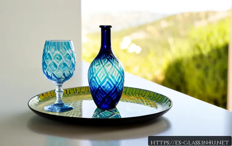 유리공예와 UV 프린팅 응용 - Photorealistic artisan glass workshop in Spain, a skilled craftsperson wearing protective gloves car...